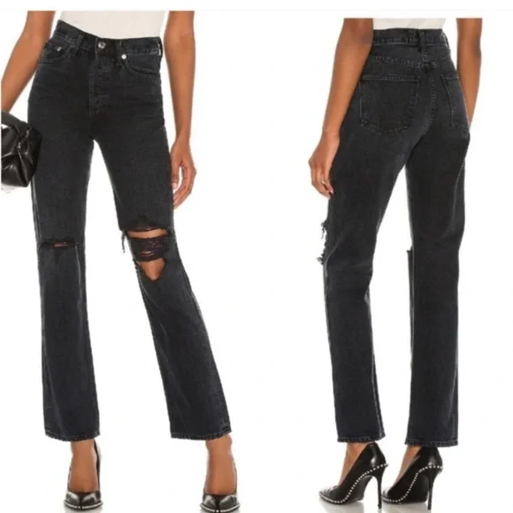 AGOLDE Black Jeans Lana Mid Rise Vintage Straight Jeans Gray 24 Distressed Rips - Picture 1 of 9